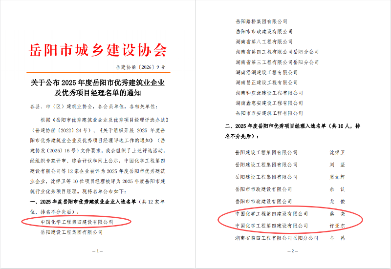 品牌赋能 载誉远航⑲ | 四化建获岳阳市多项建筑业荣誉和国家发明专利